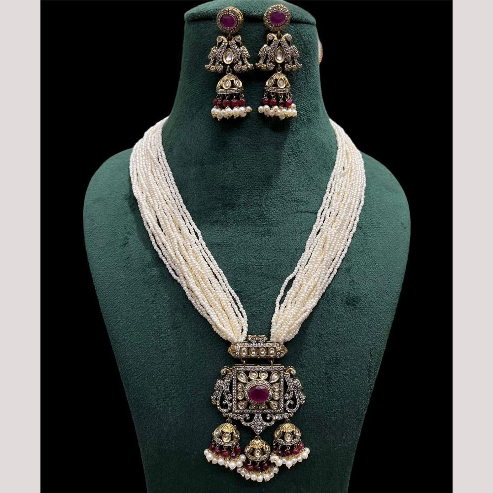 FS Collection Gold Plated Classic Kundan and Pearls Jewelry for Traditional Indian Outfits Long Necklace Set