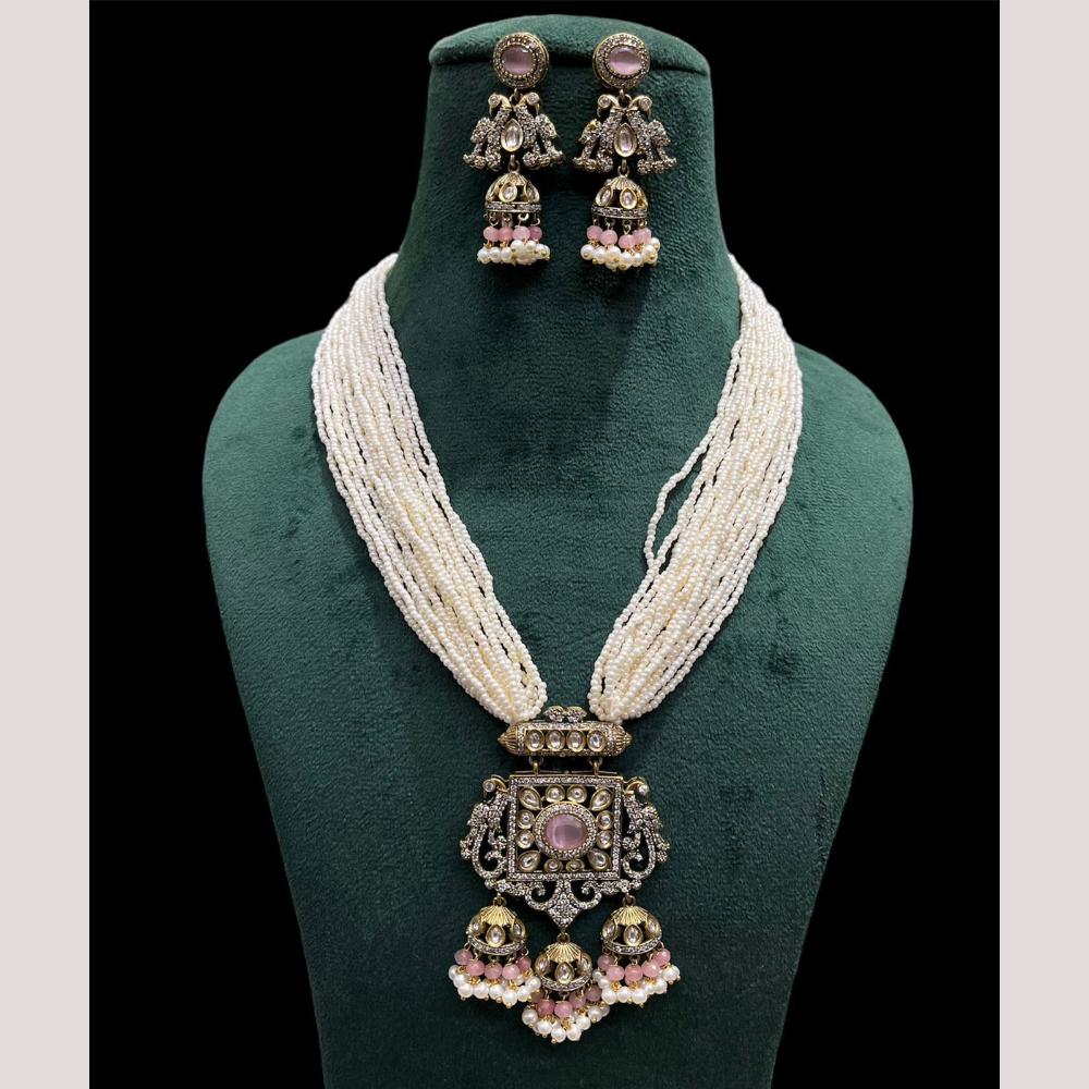 FS Collection Gold Plated Classic Kundan and Pearls Jewelry for Traditional Indian Outfits Long Necklace Set