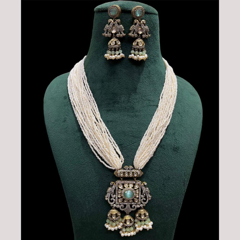 FS Collection Gold Plated Classic Kundan and Pearls Jewelry for Traditional Indian Outfits Long Necklace Set