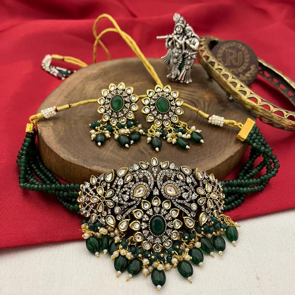 FS Collection 2 Tone Kundan Beads Bridal & Ethnic Wear Choker Necklace Set