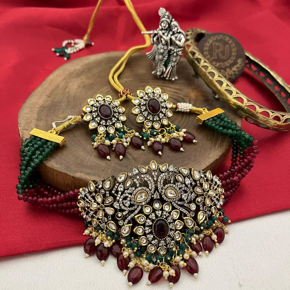 FS Collection 2 Tone Kundan Beads Bridal & Ethnic Wear Choker Necklace Set