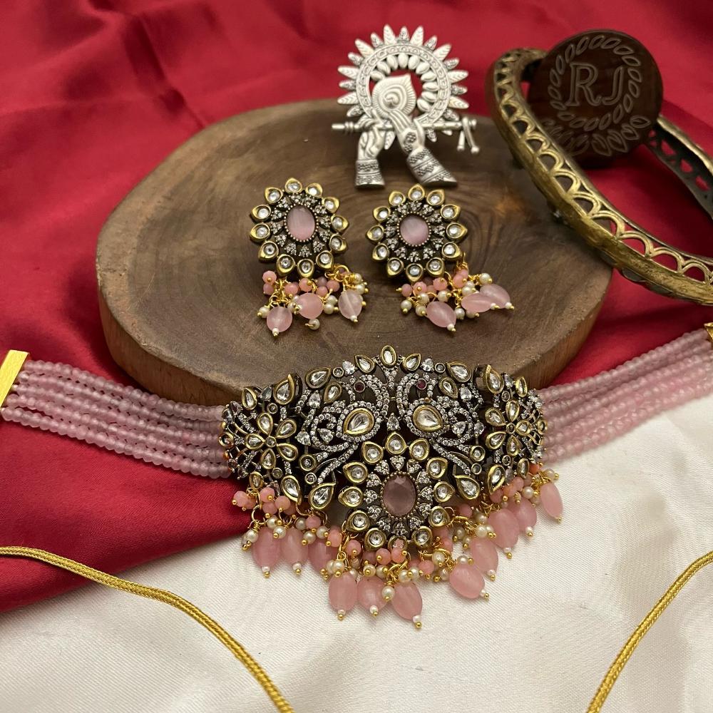 FS Collection 2 Tone Kundan Beads Bridal & Ethnic Wear Choker Necklace Set