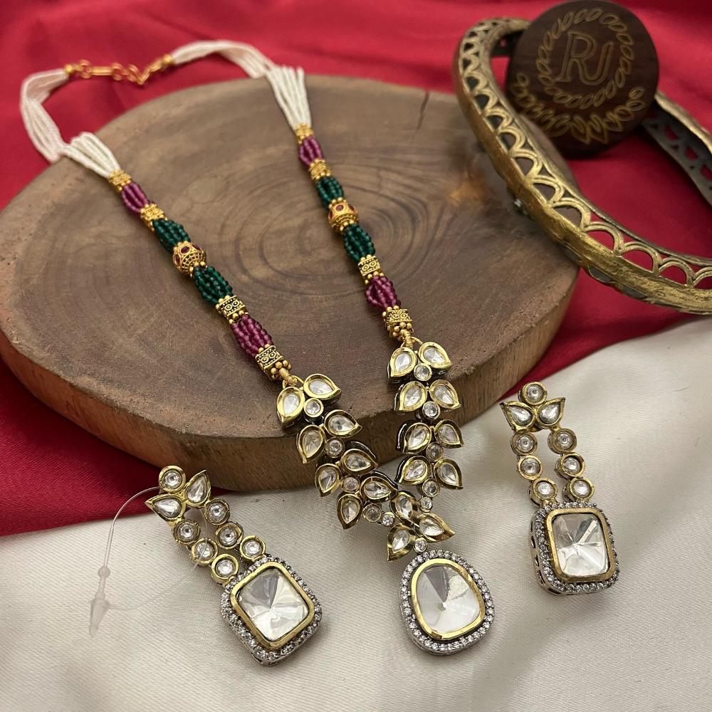 FS Collection Luxury 2-Tone Plated Kundan and Pearls Bridal & Party Wear Long Necklace Set