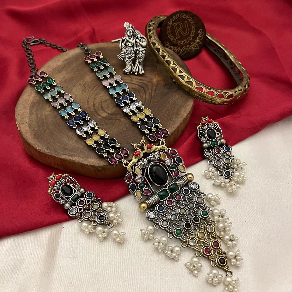 FS Collection Oxidised Plated Pota And Pearls Fashion Jewelry Long Necklace Set