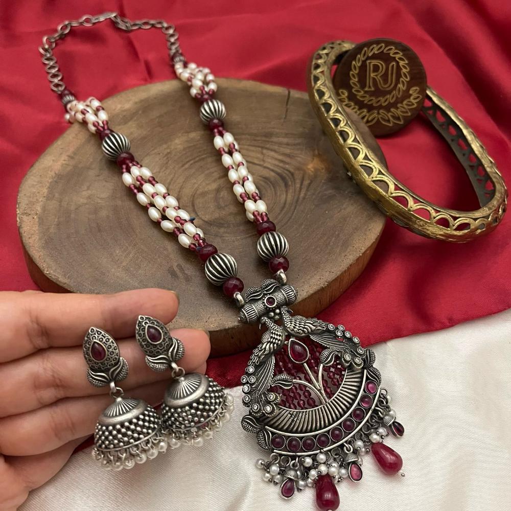 FS Collection Oxidised Plated Pota And Pearls Fashion Jewelry Long Necklace Set