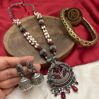 FS Collection Oxidised Plated Pota And Pearls Fashion Jewelry Long Necklace Set