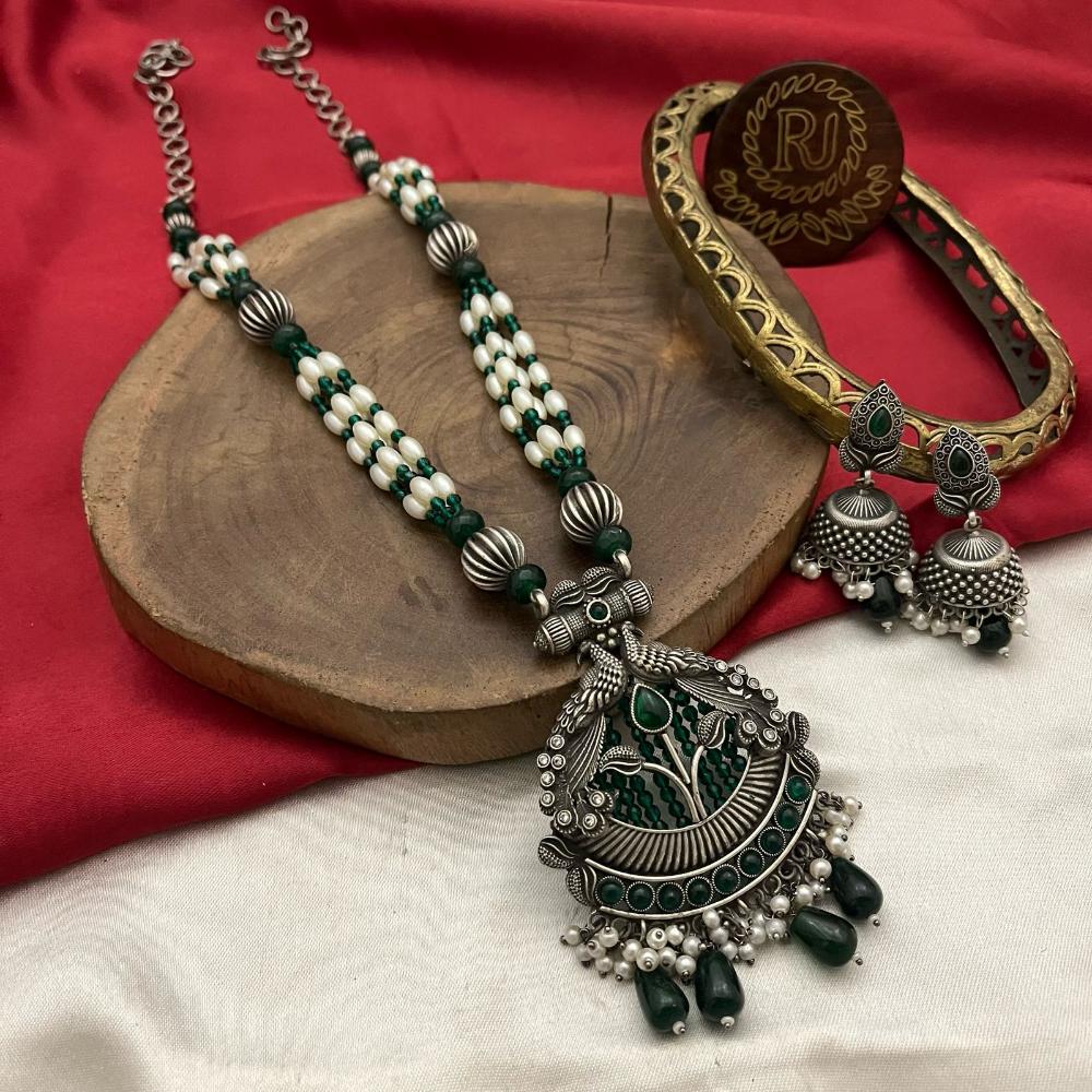 FS Collection Oxidised Plated Pota And Pearls Fashion Jewelry Long Necklace Set