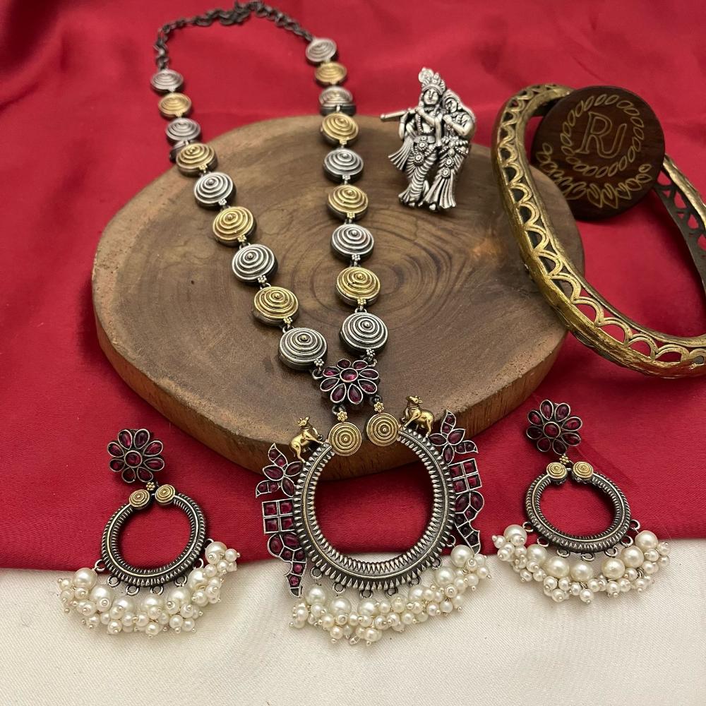 FS Collection 2-Tone Pota and Pearls  Modern Fusion Jewelry Long Necklace Set
