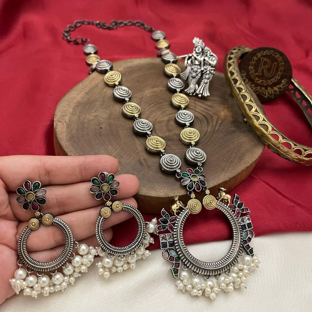 FS Collection 2-Tone Pota and Pearls  Modern Fusion Jewelry Long Necklace Set