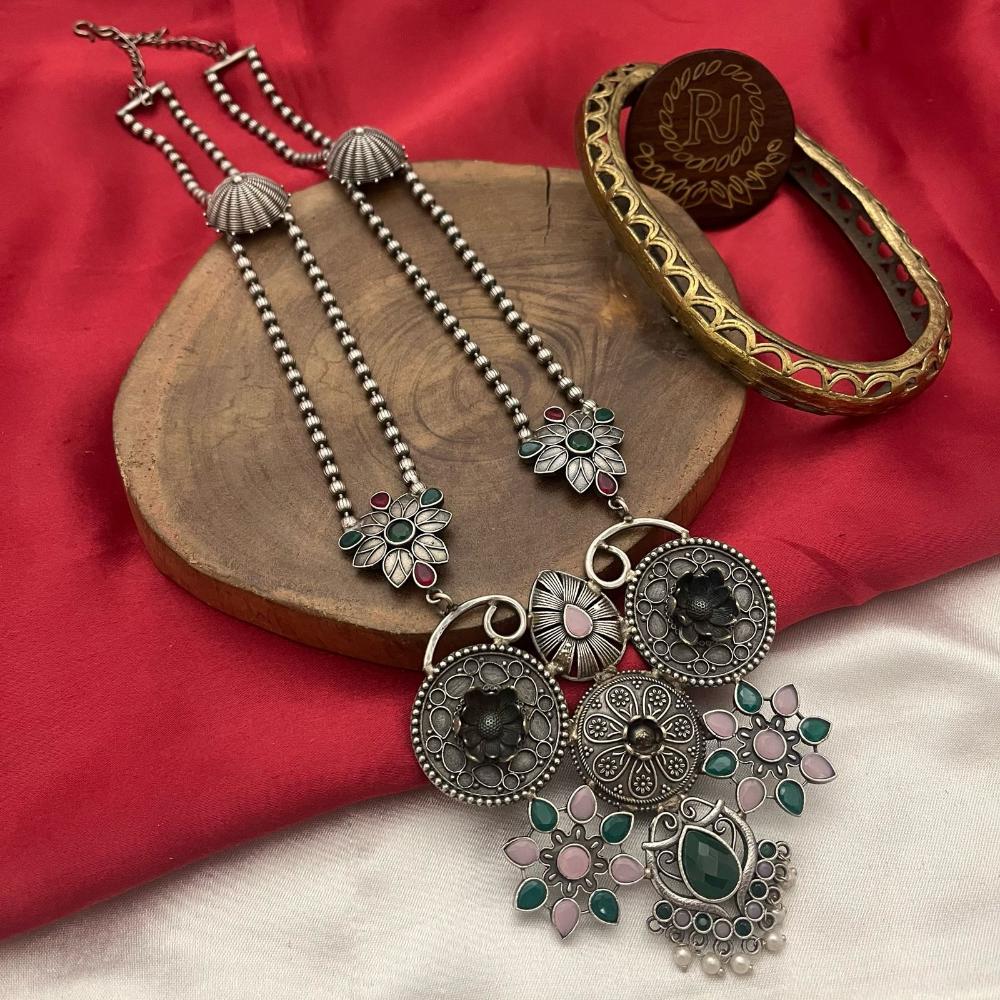 FS Collection Oxidised Plated Pota and Pearls  Modern Fusion Jewelry Long Necklace Set