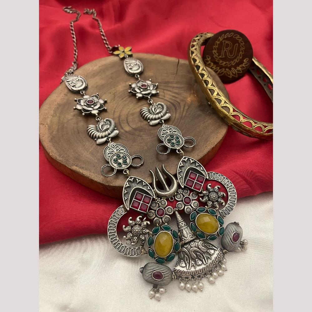 FS Collection Oxidised Plated Pota and Pearls  Modern Fusion Jewelry Long Necklace Set