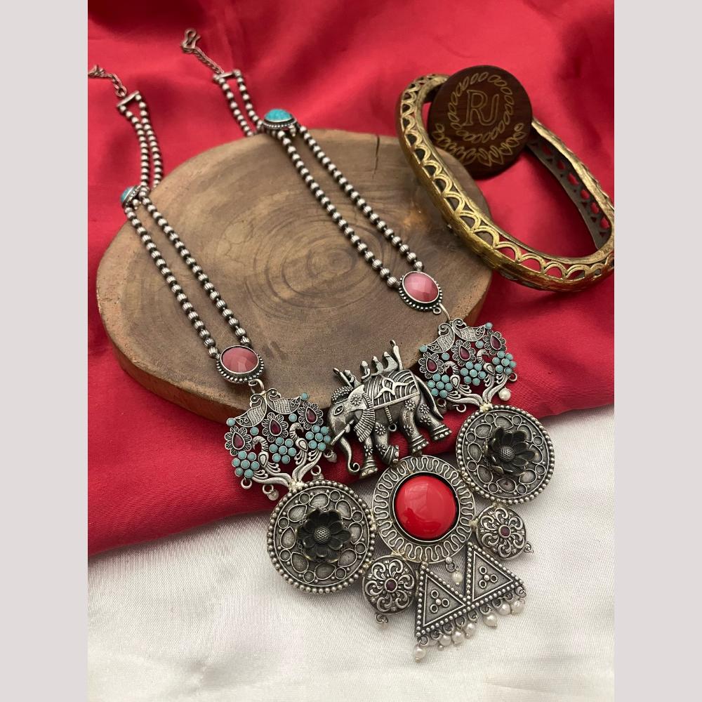 FS Collection Oxidised Plated Pota and Pearls  Modern Fusion Jewelry Long Necklace Set