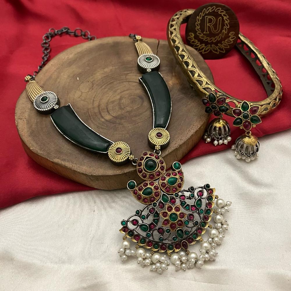 FS Collection Oxidised Plated Pota and Pearls  Modern Fusion Jewelry Necklace Set