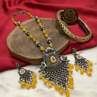 FS Collection Oxidised Plated Pota and Pearls  Modern Fusion Jewelry Long Necklace Set