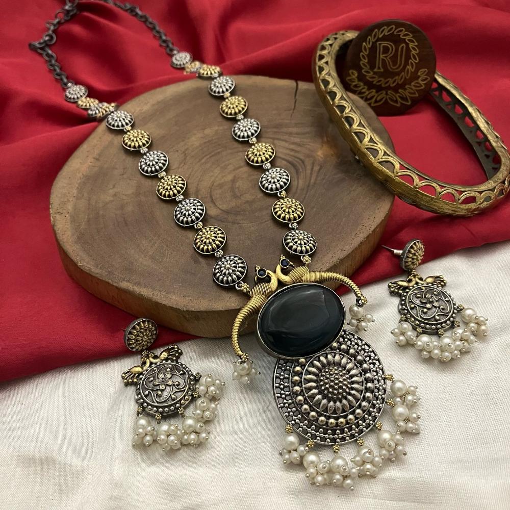 FS Collection Oxidised Plated Pota and Pearls  Modern Fusion Jewelry Long Necklace Set