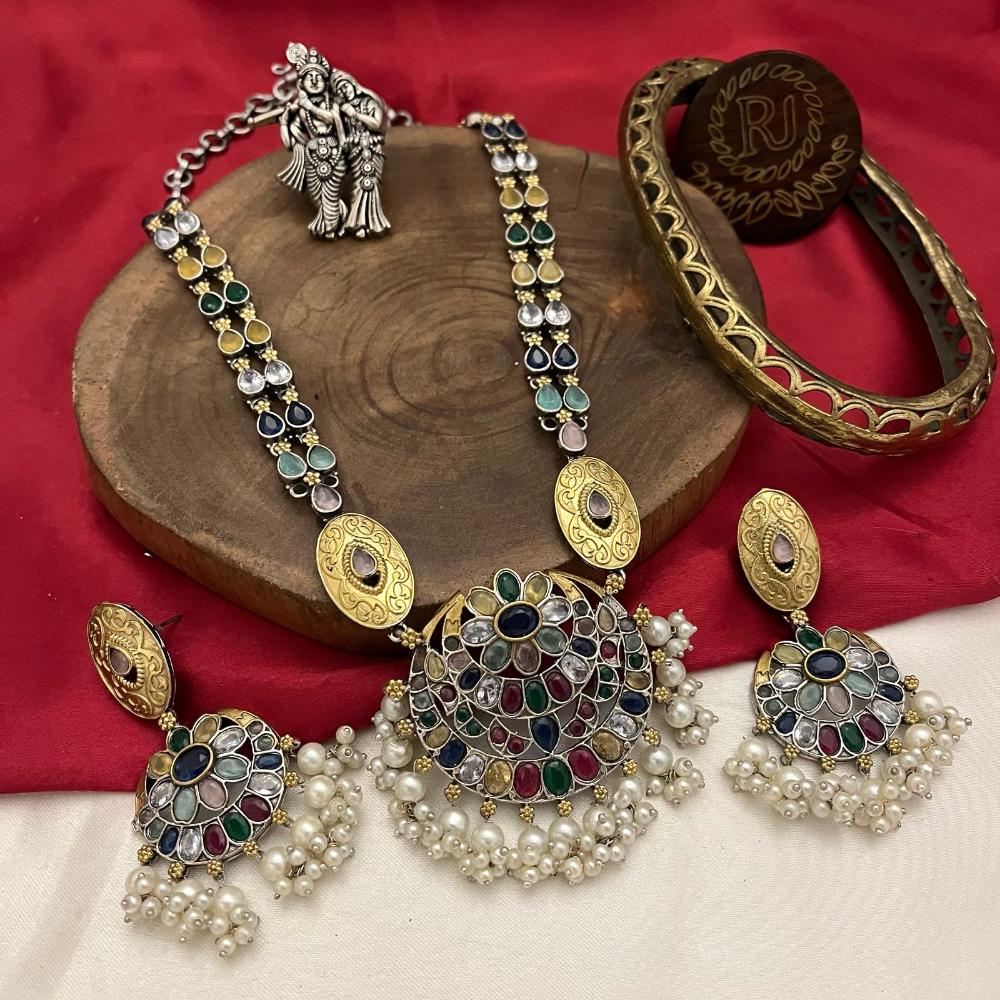 FS Collection 2Tone Plated Pota and Pearls  Modern Fusion Jewelry Long Necklace Set