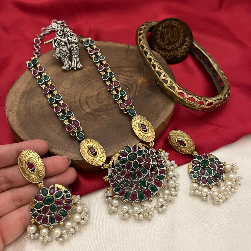 FS Collection 2Tone Plated Pota and Pearls  Modern Fusion Jewelry Long Necklace Set