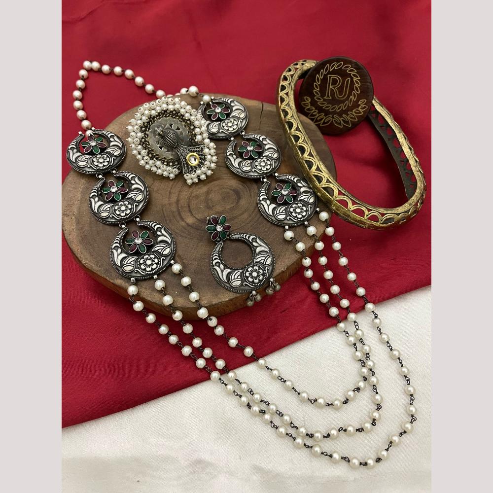 FS Collection Oxidised Plated Pota and Pearls  Modern Fusion Jewelry Long Necklace Set