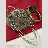 FS Collection Oxidised Plated Pota and Pearls  Modern Fusion Jewelry Long Necklace Set