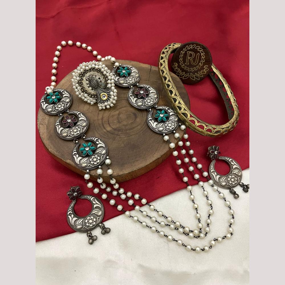 FS Collection Oxidised Plated Pota and Pearls  Modern Fusion Jewelry Long Necklace Set