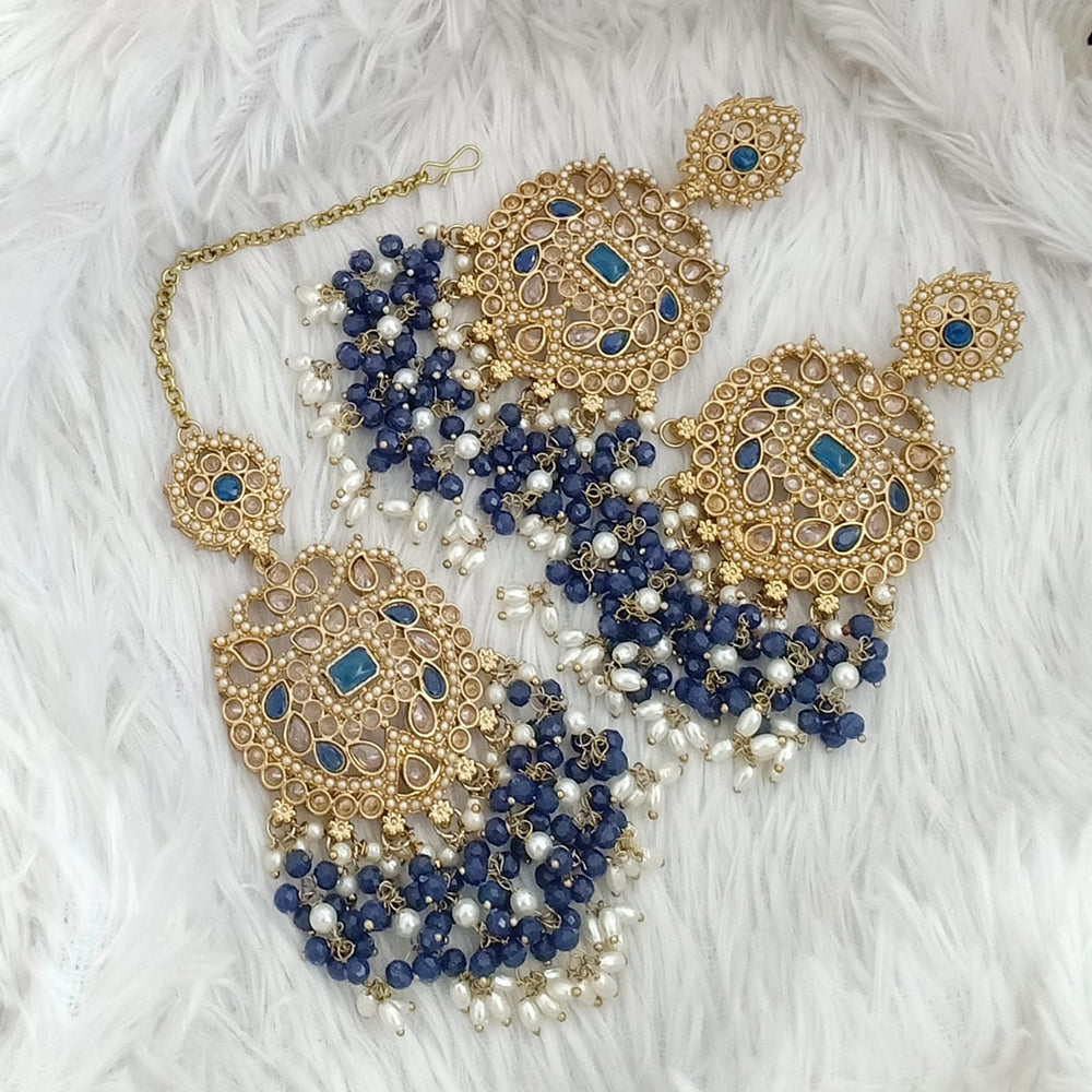 FS Collection Traditional Charm Gold Plated Crystal Stone Pearl and Beads Earring with Mangtikka