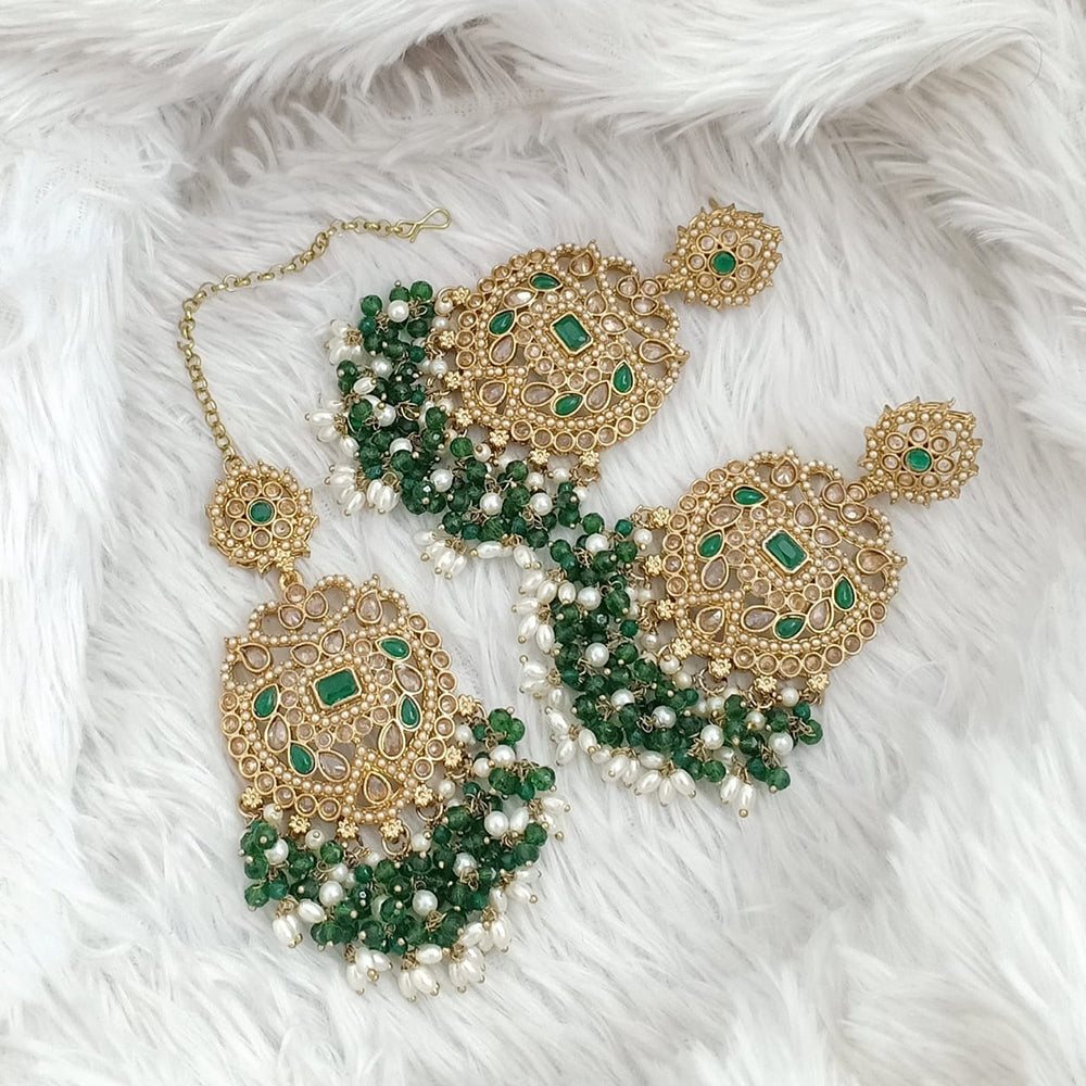 FS Collection Traditional Charm Gold Plated Crystal Stone Pearl and Beads Earring with Mangtikka