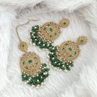 FS Collection Traditional Charm Gold Plated Crystal Stone Pearl and Beads Earring with Mangtikka
