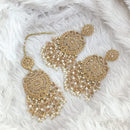 FS Collection Traditional Charm Gold Plated Crystal Stone Pearl and Beads Earring with Mangtikka
