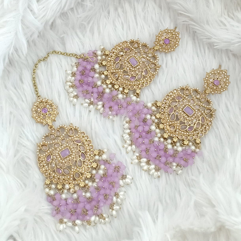 FS Collection Traditional Charm Gold Plated Crystal Stone Pearl and Beads Earring with Mangtikka