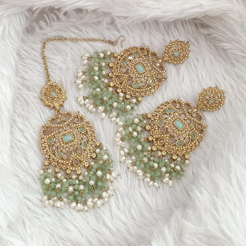 FS Collection Traditional Charm Gold Plated Crystal Stone Pearl and Beads Earring with Mangtikka