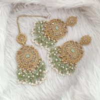 FS Collection Traditional Charm Gold Plated Crystal Stone Pearl and Beads Earring with Mangtikka