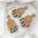 FS Collection Traditional Charm Gold Plated Crystal Stone Pearl and Beads Earring with Mangtikka