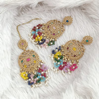 FS Collection Traditional Charm Gold Plated Crystal Stone Pearl and Beads Earring with Mangtikka