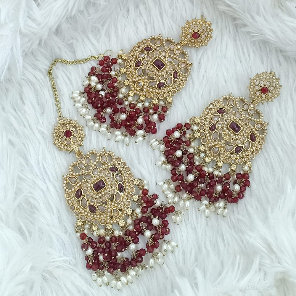 FS Collection Traditional Charm Gold Plated Crystal Stone Pearl and Beads Earring with Mangtikka