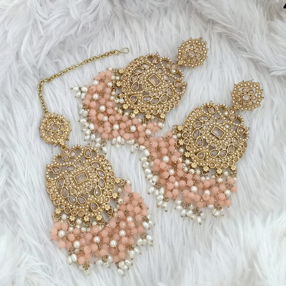 FS Collection Traditional Charm Gold Plated Crystal Stone Pearl and Beads Earring with Mangtikka