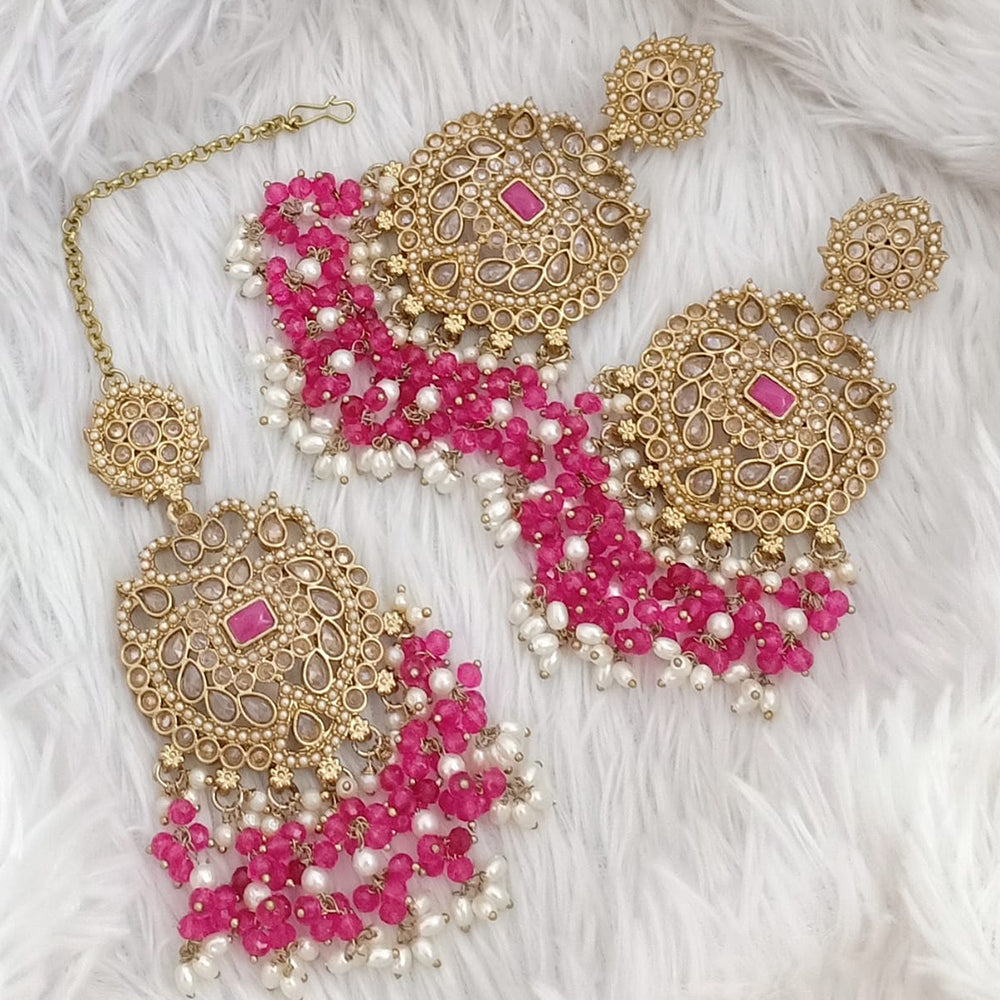 FS Collection Traditional Charm Gold Plated Crystal Stone Pearl and Beads Earring with Mangtikka