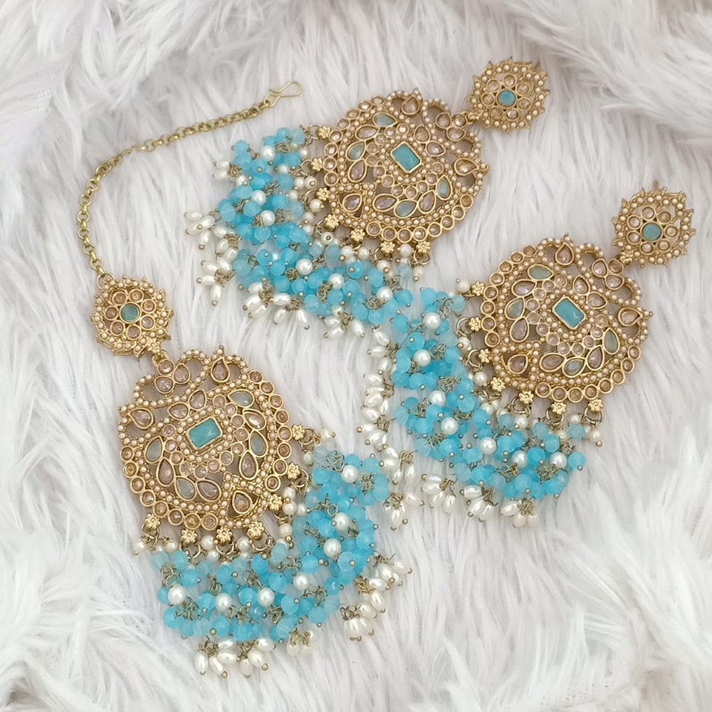 FS Collection Traditional Charm Gold Plated Crystal Stone Pearl and Beads Earring with Mangtikka