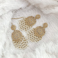 FS Collection Traditional Charm Gold Plated Crystal Stone Pearl and Beads Earring with Mangtikka