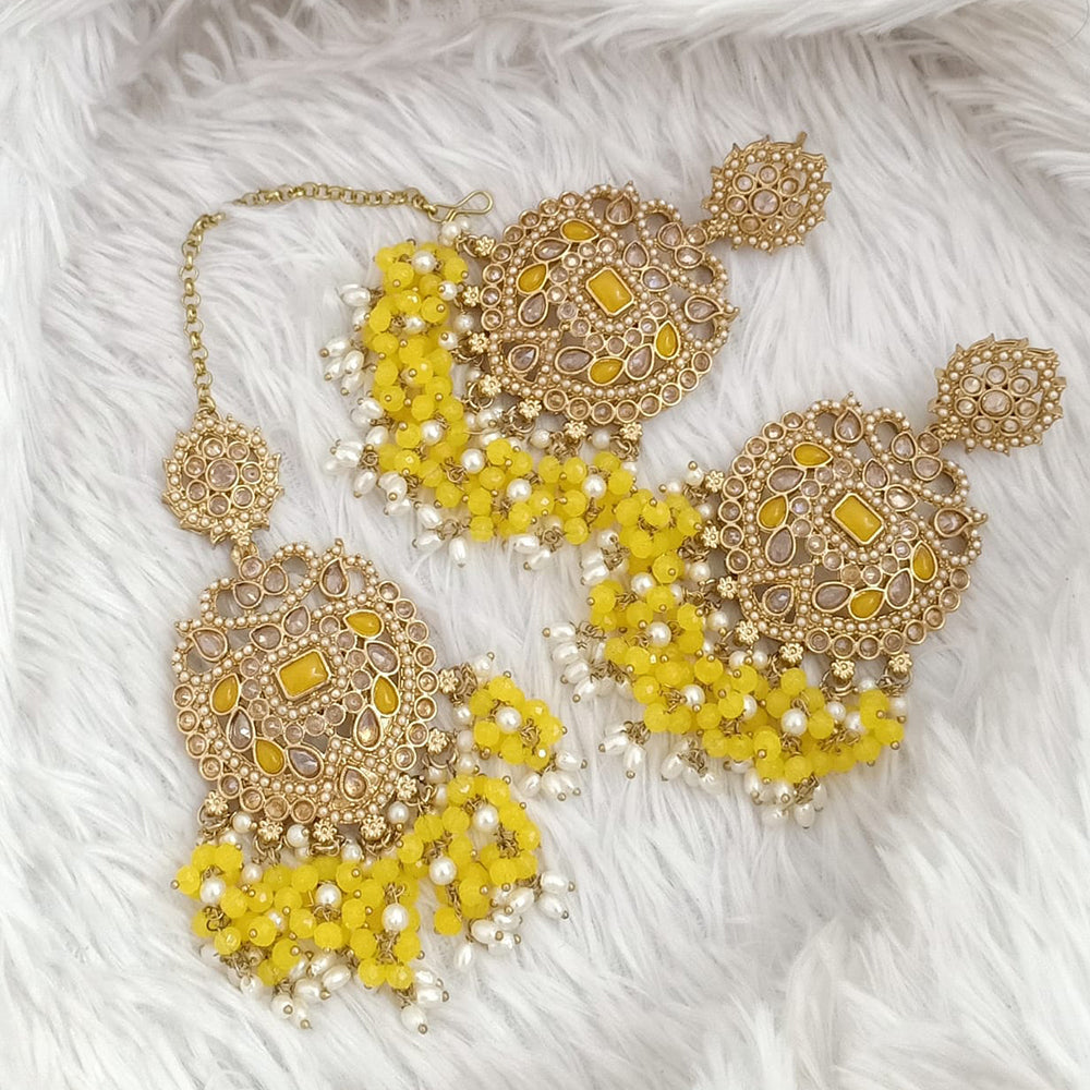 FS Collection Traditional Charm Gold Plated Crystal Stone Pearl and Beads Earring with Mangtikka