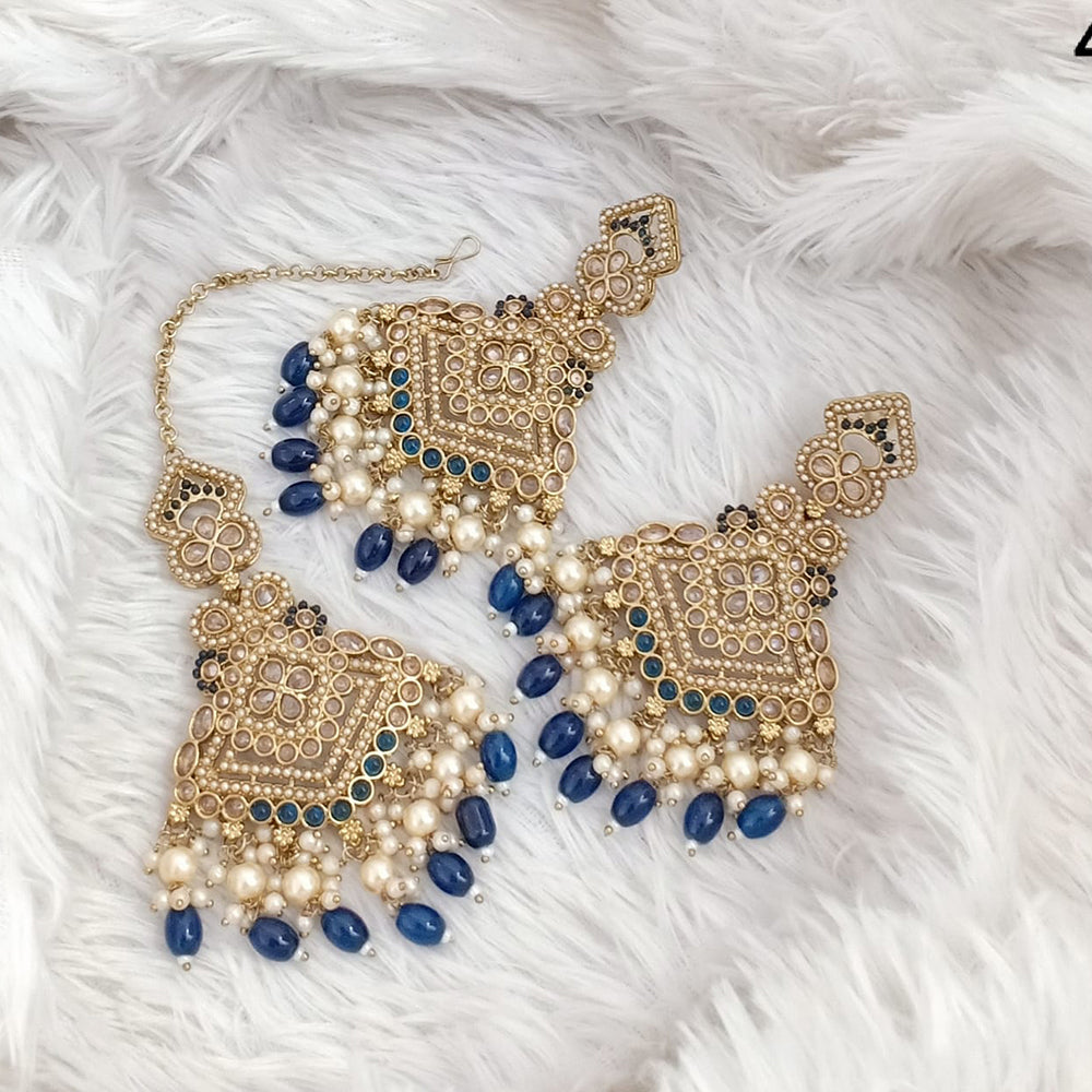 FS Collection Traditional Charm Gold Plated Crystal Stone Pearl and Beads Earring with Mangtikka