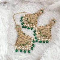 FS Collection Traditional Charm Gold Plated Crystal Stone Pearl and Beads Earring with Mangtikka