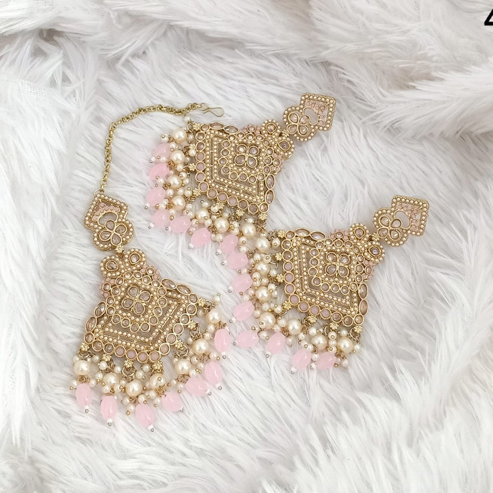 FS Collection Traditional Charm Gold Plated Crystal Stone Pearl and Beads Earring with Mangtikka