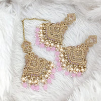 FS Collection Traditional Charm Gold Plated Crystal Stone Pearl and Beads Earring with Mangtikka