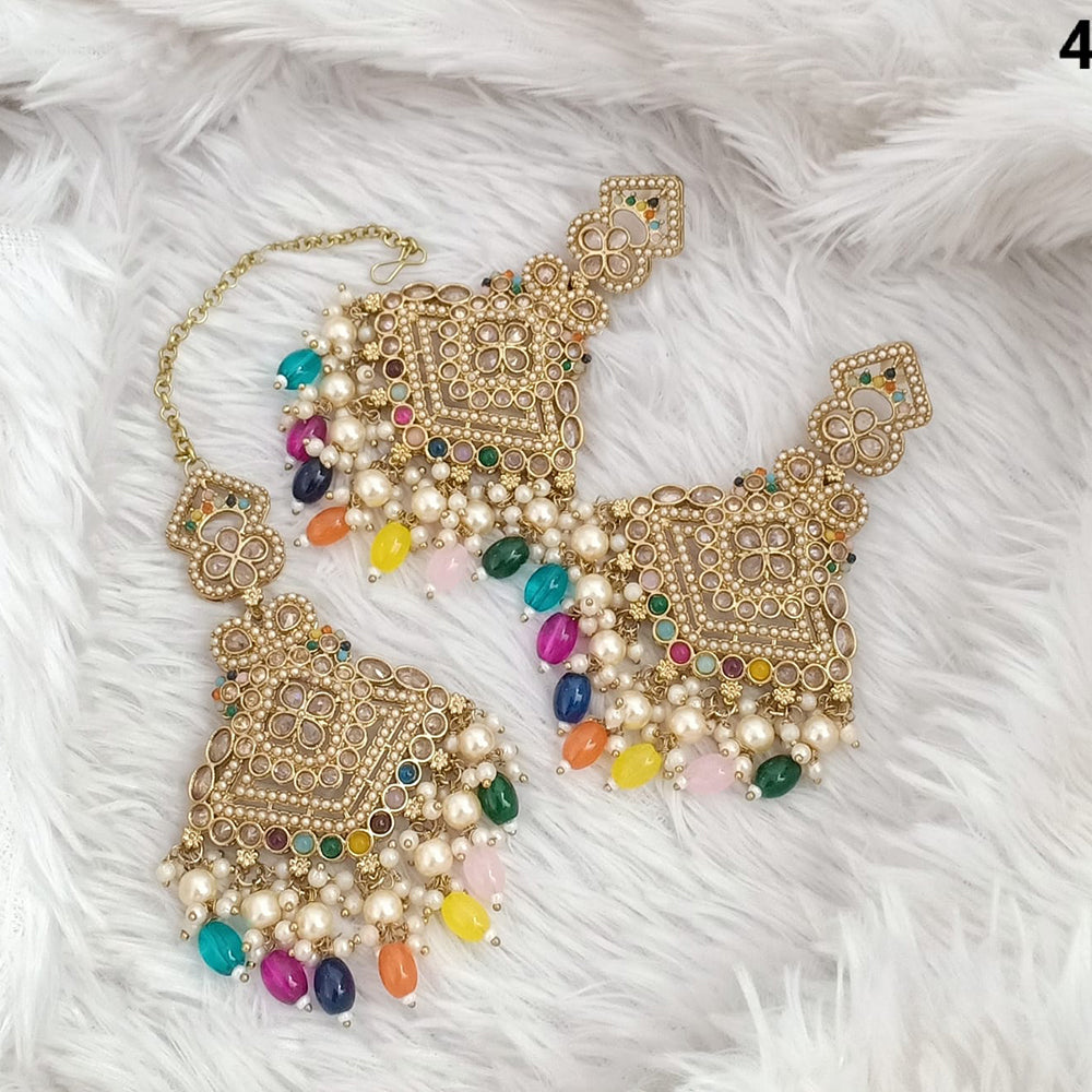 FS Collection Traditional Charm Gold Plated Crystal Stone Pearl and Beads Earring with Mangtikka
