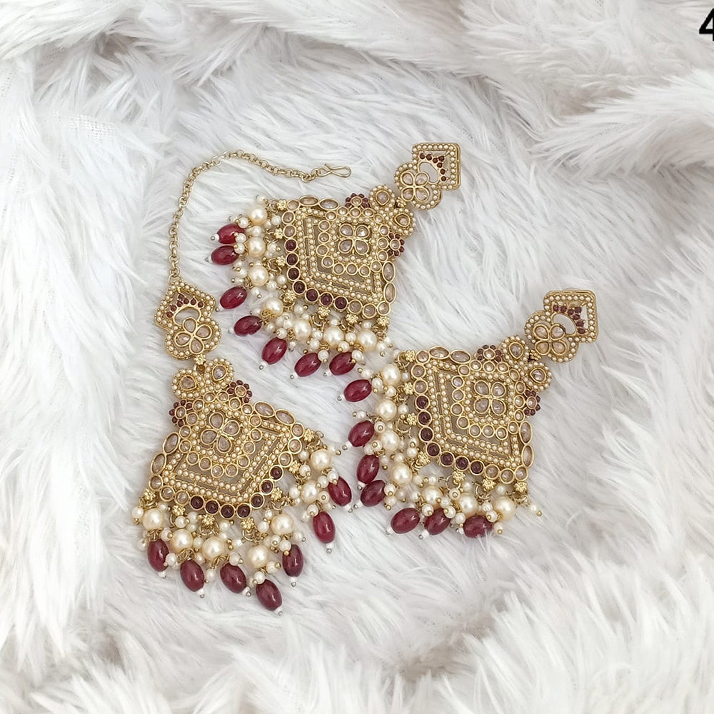 FS Collection Traditional Charm Gold Plated Crystal Stone Pearl and Beads Earring with Mangtikka