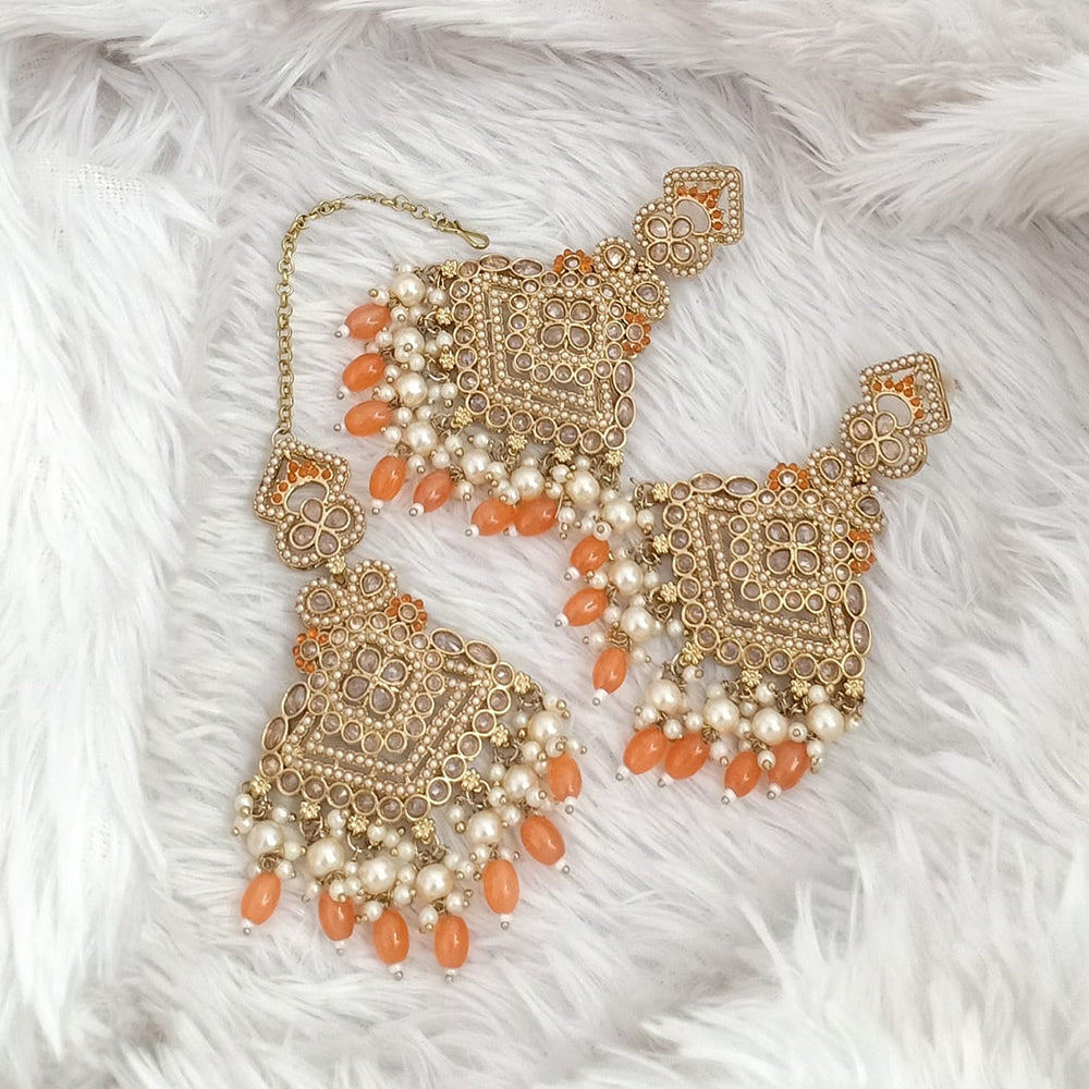 FS Collection Traditional Charm Gold Plated Crystal Stone Pearl and Beads Earring with Mangtikka