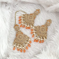FS Collection Traditional Charm Gold Plated Crystal Stone Pearl and Beads Earring with Mangtikka