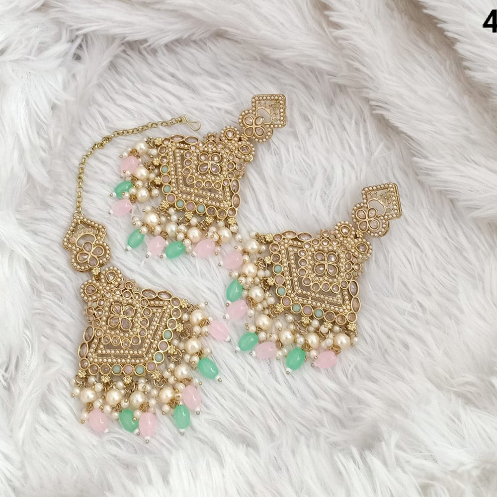 FS Collection Traditional Charm Gold Plated Crystal Stone Pearl and Beads Earring with Mangtikka