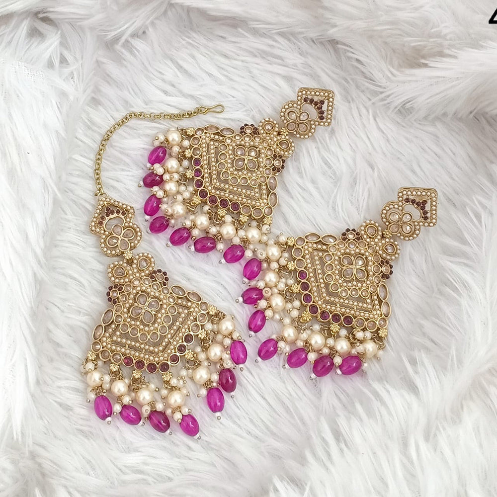 FS Collection Traditional Charm Gold Plated Crystal Stone Pearl and Beads Earring with Mangtikka