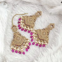 FS Collection Traditional Charm Gold Plated Crystal Stone Pearl and Beads Earring with Mangtikka